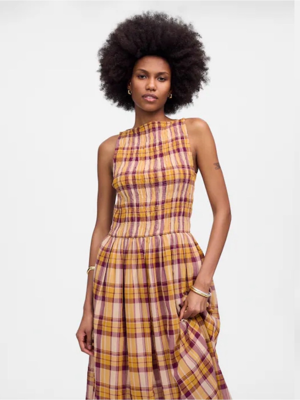 Madewell Smocked Boatneck Maxi Dress in
Plaid Seersucker